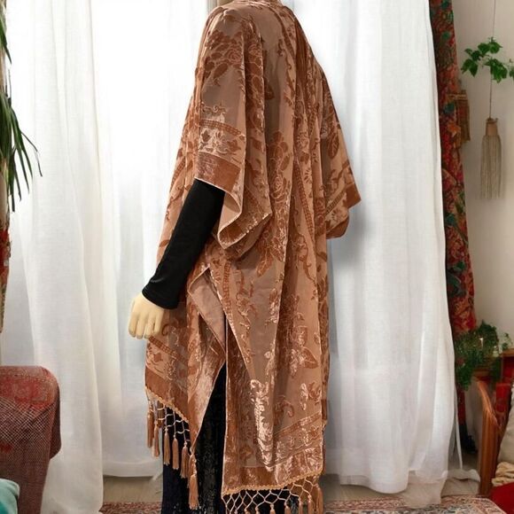 Tan Sand Velvet Kimono Jacket Long Fringe | Boho Western Duster OS NWT - Picture 2 of 3